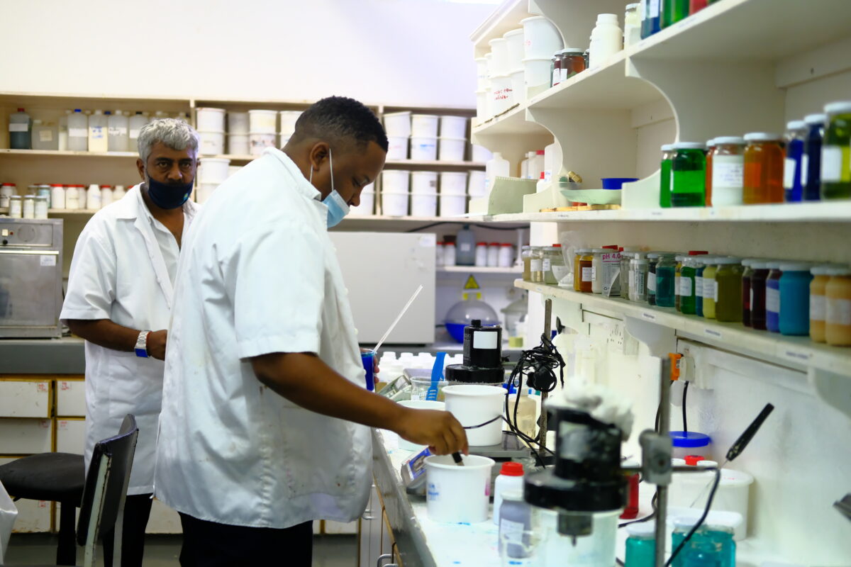 Trained chemists checking the quality of hand sanitisers, Mauritius 
