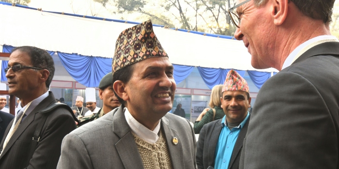 Minister of Health, Bhanu Bhakta Dhakal, in conversation with Ambassador Roland Schäfer