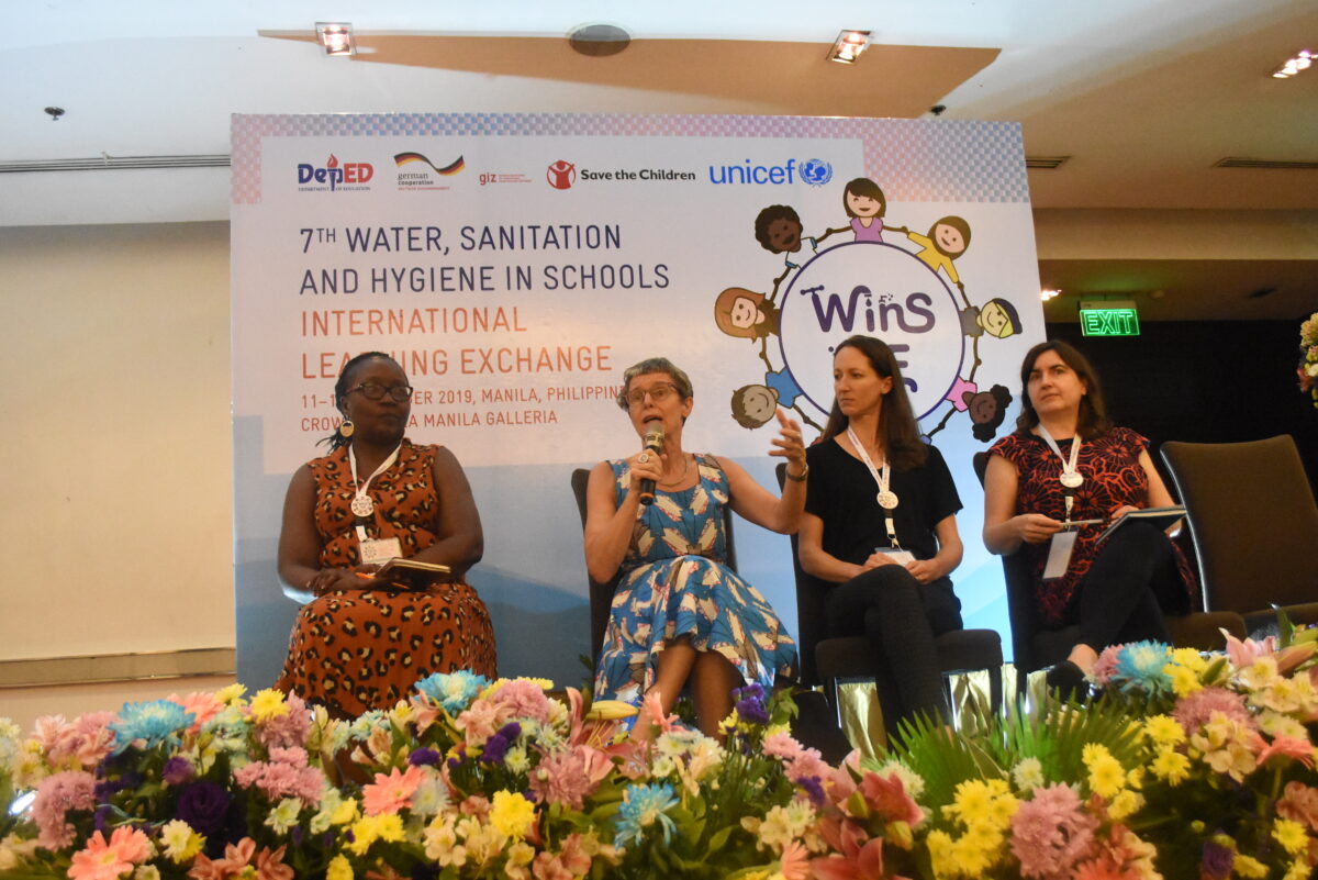 Irene Amongin (UNICEF), Bella Monse (GIZ), Christie Chatterley (JMP and WinS Network0 and Therese Mahon (Wateraid and WinS Network) address the ILE in Manila in 2019